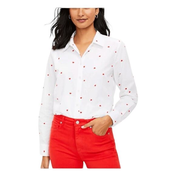 Loft Heart Print Everyday Button Down Shirt White Swiss Dot Poplin Cotton XSP - Picture 1 of 12